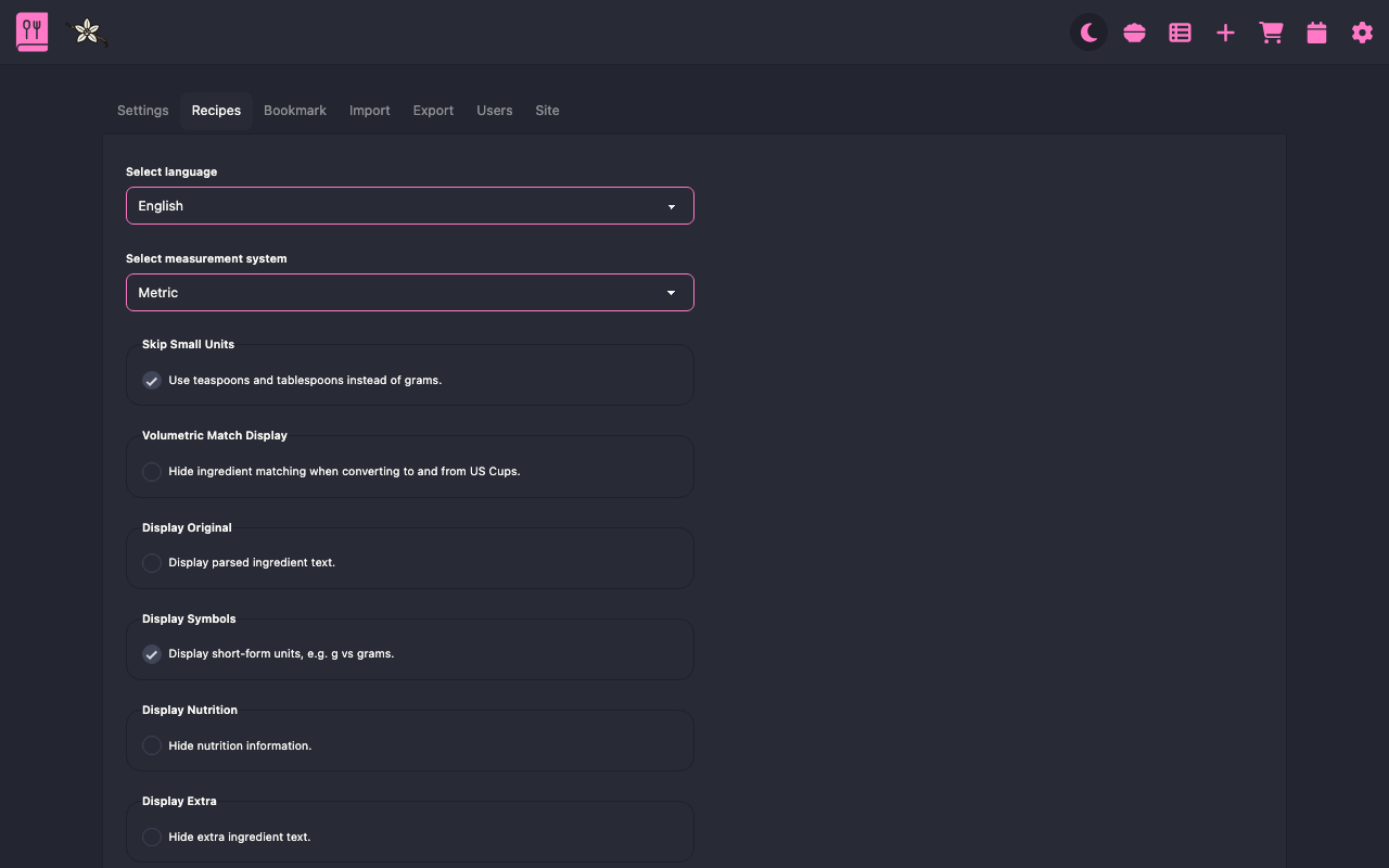 Recipe Settings